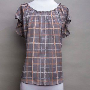 LC Pleated Scoop Neck Top Gray Blue and Orange Plaid pattern Size XL
